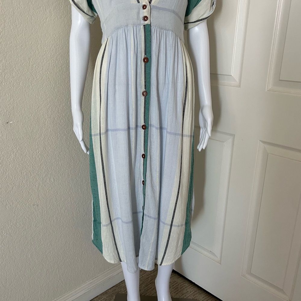 Oneill Reid Multi Striped White Green Button Up Plunge V-Neck Midi Dress Small - Picture 5 of 15